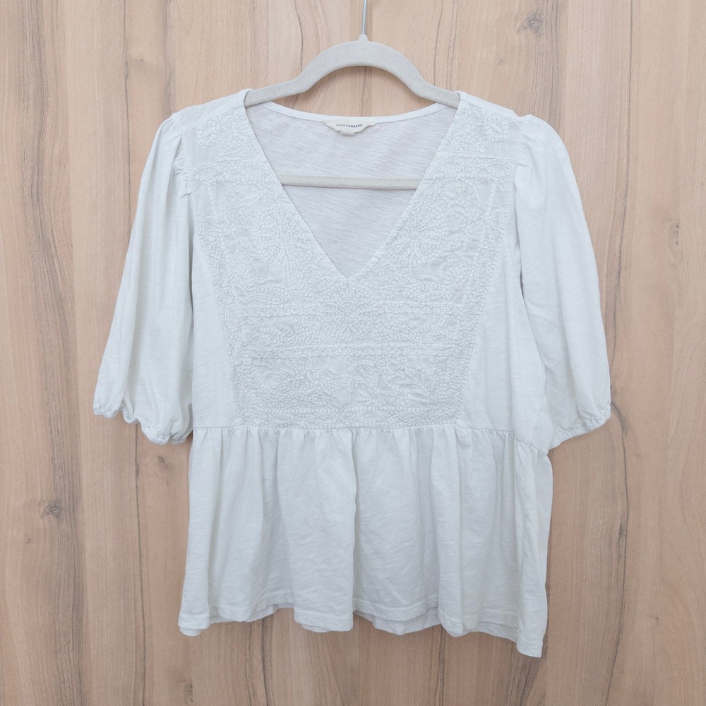 Lucky Brand Womens Embroidered Peplum Top XL White Puff Sleeve Cottage Boho